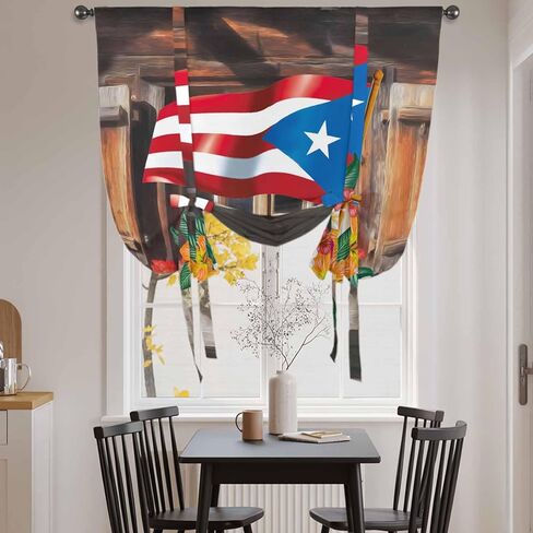 Puerto Rico Flag Tie Up Curtains for Window, Farmhouse Retro Flowers American Flags Thermal Insulated Balloon Shade Adjustable Rod Pocket Curtains Valance Panels for Kitchen Bathroom Café 52'' x 45'' in Saudi Arabia