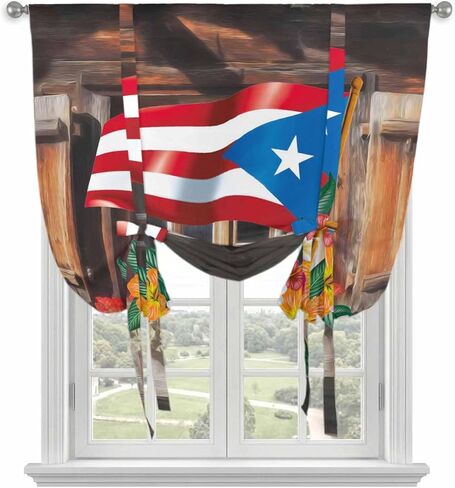 Puerto Rico Flag Tie Up Curtains for Window, Farmhouse Retro Flowers American Flags Thermal Insulated Balloon Shade Adjustable Rod Pocket Curtains Valance Panels for Kitchen Bathroom Café 52'' x 45'' in Saudi Arabia