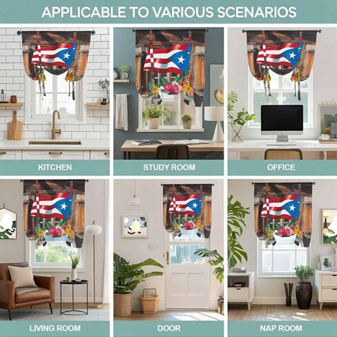 Puerto Rico Flag Tie Up Curtains for Window, Farmhouse Retro Flowers American Flags Thermal Insulated Balloon Shade Adjustable Rod Pocket Curtains Valance Panels for Kitchen Bathroom Café 52'' x 45'' in Saudi Arabia