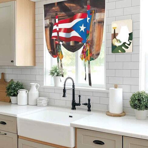 Puerto Rico Flag Tie Up Curtains for Window, Farmhouse Retro Flowers American Flags Thermal Insulated Balloon Shade Adjustable Rod Pocket Curtains Valance Panels for Kitchen Bathroom Café 52'' x 45'' in Saudi Arabia