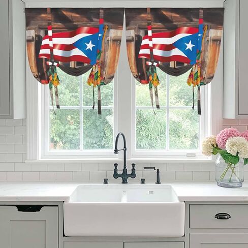 Puerto Rico Flag Tie Up Curtains for Window, Farmhouse Retro Flowers American Flags Thermal Insulated Balloon Shade Adjustable Rod Pocket Curtains Valance Panels for Kitchen Bathroom Café 52'' x 45'' in Saudi Arabia