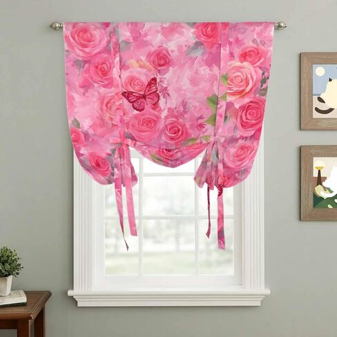 Valentine's Day Tie Up Curtains for Window, Watercolor Roses Flowers Butterfly Romance Thermal Balloon Shade Adjustable Rod Pocket Curtains Valance Panels for Kitchen Bathroom Café 34'' x 45'' in Saudi Arabia