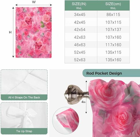 Valentine's Day Tie Up Curtains for Window, Watercolor Roses Flowers Butterfly Romance Thermal Balloon Shade Adjustable Rod Pocket Curtains Valance Panels for Kitchen Bathroom Café 34'' x 45'' in Saudi Arabia