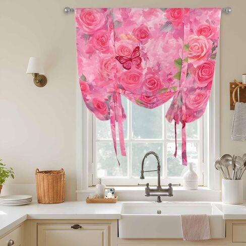 Valentine's Day Tie Up Curtains for Window, Watercolor Roses Flowers Butterfly Romance Thermal Balloon Shade Adjustable Rod Pocket Curtains Valance Panels for Kitchen Bathroom Café 34'' x 45'' in Saudi Arabia