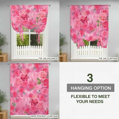 Valentine's Day Tie Up Curtains for Window, Watercolor Roses Flowers Butterfly Romance Thermal Balloon Shade Adjustable Rod Pocket Curtains Valance Panels for Kitchen Bathroom Café 34'' x 45'' in Saudi Arabia
