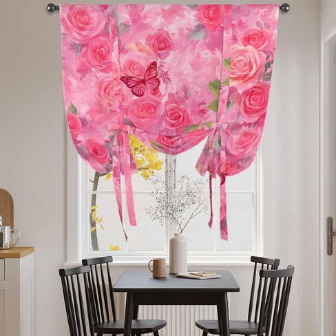 Valentine's Day Tie Up Curtains for Window, Watercolor Roses Flowers Butterfly Romance Thermal Balloon Shade Adjustable Rod Pocket Curtains Valance Panels for Kitchen Bathroom Café 34'' x 45'' in Saudi Arabia