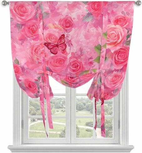 Valentine's Day Tie Up Curtains for Window, Watercolor Roses Flowers Butterfly Romance Thermal Balloon Shade Adjustable Rod Pocket Curtains Valance Panels for Kitchen Bathroom Café 34'' x 45'' in Saudi Arabia