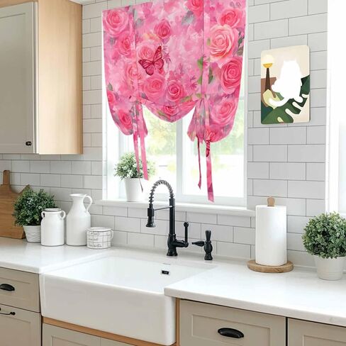 Valentine's Day Tie Up Curtains for Window, Watercolor Roses Flowers Butterfly Romance Thermal Balloon Shade Adjustable Rod Pocket Curtains Valance Panels for Kitchen Bathroom Café 34'' x 45'' in Saudi Arabia