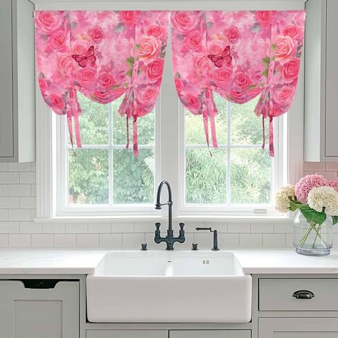 Valentine's Day Tie Up Curtains for Window, Watercolor Roses Flowers Butterfly Romance Thermal Balloon Shade Adjustable Rod Pocket Curtains Valance Panels for Kitchen Bathroom Café 34'' x 45'' in Saudi Arabia
