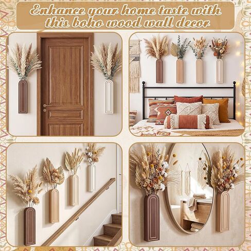 مجموعة مزهرية جدارية خشبية مكونة من 4 قطع، ديكور مزهرية مقوسة للزراعة المعلقة من بوهو، نباتات خشبية مثبتة على الحائط وحوامل زهور للحمام في المزرعة الحديثة وغرفة المعيشة والمدخل والديكور الريفي in Kuwait