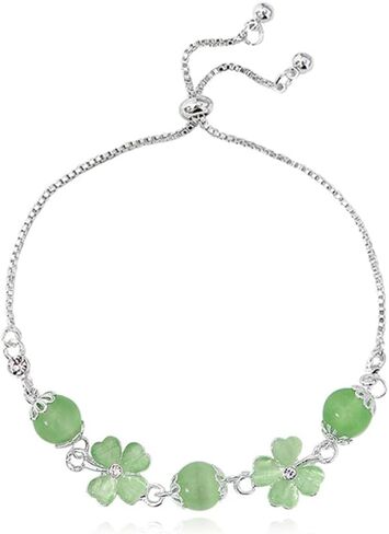 Green Four Leaf Clover Bracelet for Women Sterling Silver Plated Elegant CZ Cat Eye Heart Lucky Flower Wedding Engagement Adjustable Bracelets Good Luck Statement Fashion St. Patrick's Day Jewelry in Saudi Arabia