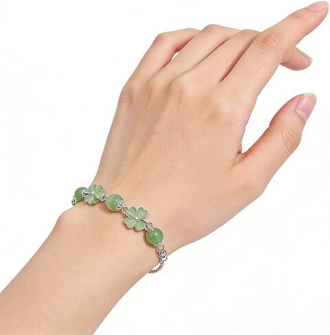 Green Four Leaf Clover Bracelet for Women Sterling Silver Plated Elegant CZ Cat Eye Heart Lucky Flower Wedding Engagement Adjustable Bracelets Good Luck Statement Fashion St. Patrick's Day Jewelry in Saudi Arabia