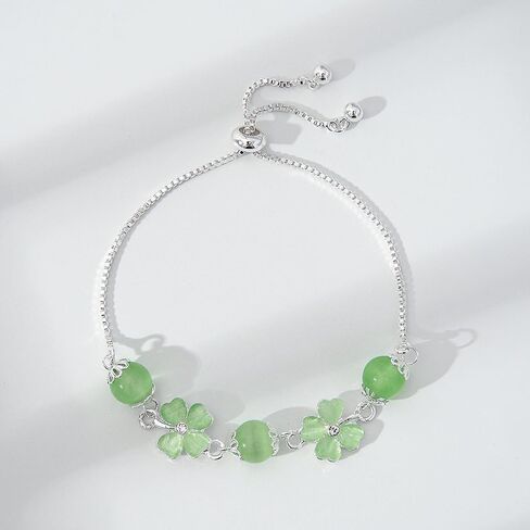 Green Four Leaf Clover Bracelet for Women Sterling Silver Plated Elegant CZ Cat Eye Heart Lucky Flower Wedding Engagement Adjustable Bracelets Good Luck Statement Fashion St. Patrick's Day Jewelry in Saudi Arabia