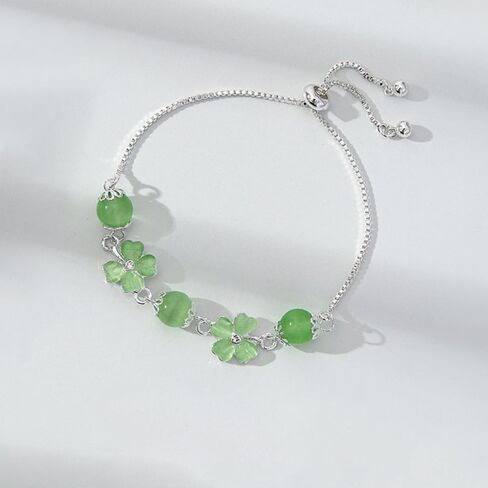 Green Four Leaf Clover Bracelet for Women Sterling Silver Plated Elegant CZ Cat Eye Heart Lucky Flower Wedding Engagement Adjustable Bracelets Good Luck Statement Fashion St. Patrick's Day Jewelry in Saudi Arabia