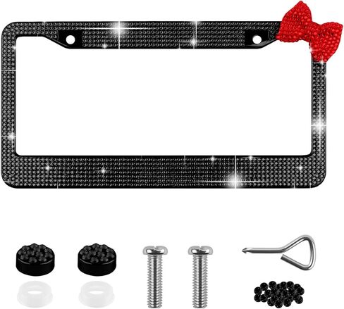 Rhinestone & Bow Cute License Plate Frames for Women,Stainless Steel Car Plate Frame as Car Decoration & Stylish Gifts,Bling License Plates Frame Automotive Exterior Accessories (Black/Red) in Kuwait