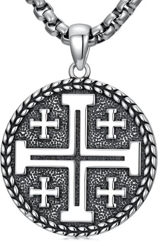Jerusalem Cross Necklace for Men 925 Sterling Silver Crusaders Jerusalem Cross Medal Pendant Christian Jewelry, w/Stainless Steel Chain 22'' + 2'' in Saudi Arabia