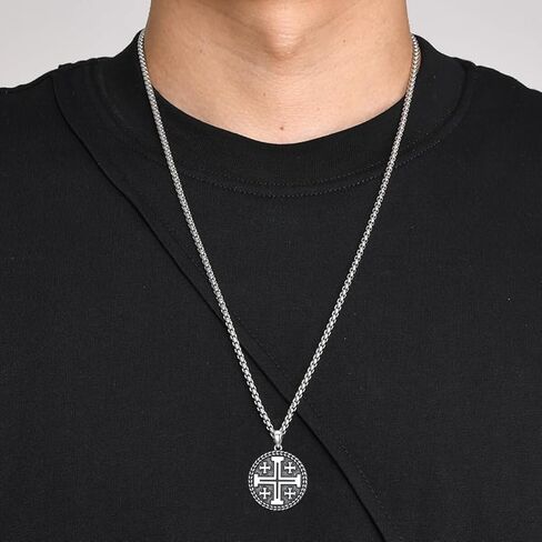 Jerusalem Cross Necklace for Men 925 Sterling Silver Crusaders Jerusalem Cross Medal Pendant Christian Jewelry, w/Stainless Steel Chain 22'' + 2'' in Saudi Arabia