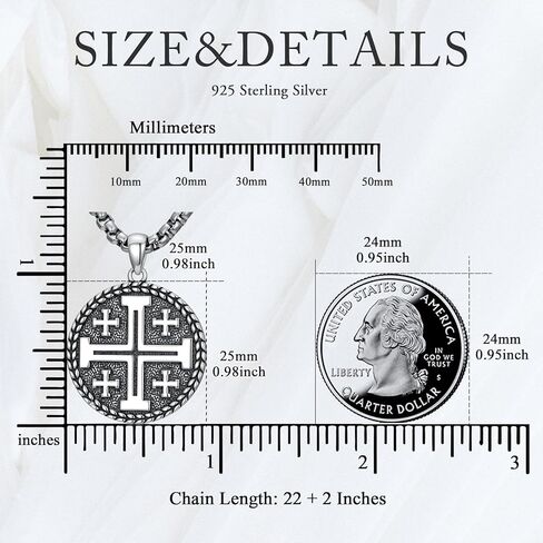 Jerusalem Cross Necklace for Men 925 Sterling Silver Crusaders Jerusalem Cross Medal Pendant Christian Jewelry, w/Stainless Steel Chain 22'' + 2'' in Saudi Arabia