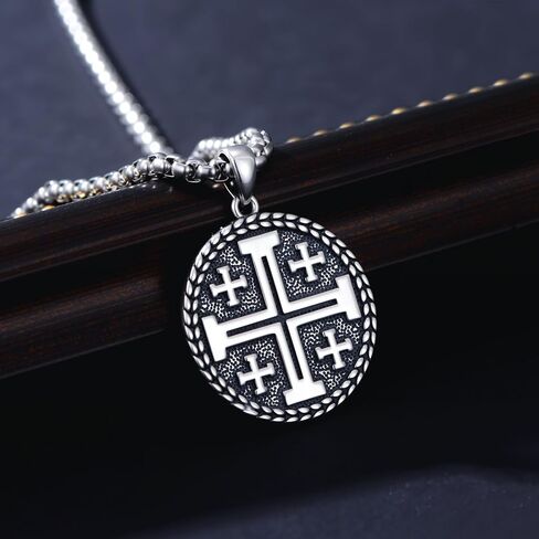 Jerusalem Cross Necklace for Men 925 Sterling Silver Crusaders Jerusalem Cross Medal Pendant Christian Jewelry, w/Stainless Steel Chain 22'' + 2'' in Saudi Arabia