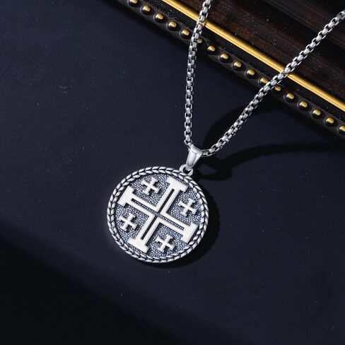 Jerusalem Cross Necklace for Men 925 Sterling Silver Crusaders Jerusalem Cross Medal Pendant Christian Jewelry, w/Stainless Steel Chain 22'' + 2'' in Saudi Arabia