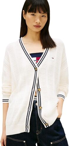 Tommy Jeans Women's Medium Weight Cotton Cable Cardigan with Knit Flag Print in Kuwait
