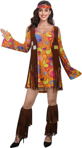 SOLOTIMES Women 60s 70s Hippie Costume Dress Fringe Vest Boot Covers Headband Outfit Adult Disco Hippy Halloween Cosplay in Kuwait