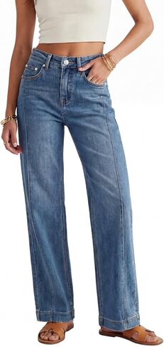 RRIVE Women Straight Wide Leg Jeans Relaxed Fit Y2K Front Seam Retro Medium Wash Soft Stretchy Denim YKK Zipper in Saudi Arabia
