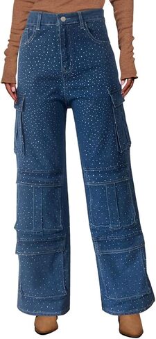 Women's Rhinestone Embellished Straight Leg Cargo Jeans, Denim Wide Leg Pants with Multiple Pockets in Saudi Arabia