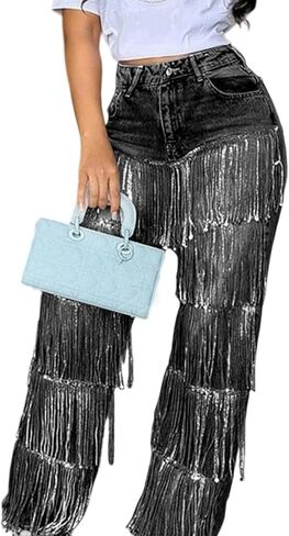 LETSVDO Women's High Waisted Sequin Fringe Jeans Baggy Wide Leg Glitter Sparkly Tassels Denim Pants Trousers in Kuwait