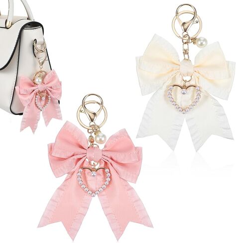 2Pcs Bow Keychain Charm Set (Beige + Pink),Bow Keychain Bag Charm, Pearl Bowknot Purse Charms for Women, Cute Handbag & Backpack Keychains for Car Keys, Handbag Accessories in Kuwait