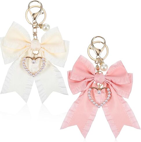 2Pcs Bow Keychain Charm Set (Beige + Pink),Bow Keychain Bag Charm, Pearl Bowknot Purse Charms for Women, Cute Handbag & Backpack Keychains for Car Keys, Handbag Accessories in Kuwait