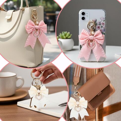 2Pcs Bow Keychain Charm Set (Beige + Pink),Bow Keychain Bag Charm, Pearl Bowknot Purse Charms for Women, Cute Handbag & Backpack Keychains for Car Keys, Handbag Accessories in Kuwait