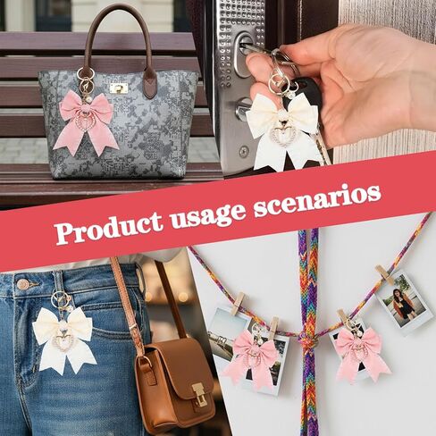 2Pcs Bow Keychain Charm Set (Beige + Pink),Bow Keychain Bag Charm, Pearl Bowknot Purse Charms for Women, Cute Handbag & Backpack Keychains for Car Keys, Handbag Accessories in Kuwait