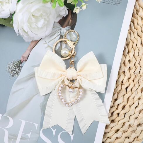 2Pcs Bow Keychain Charm Set (Beige + Pink),Bow Keychain Bag Charm, Pearl Bowknot Purse Charms for Women, Cute Handbag & Backpack Keychains for Car Keys, Handbag Accessories in Kuwait