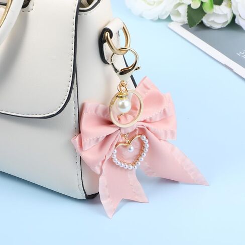 2Pcs Bow Keychain Charm Set (Beige + Pink),Bow Keychain Bag Charm, Pearl Bowknot Purse Charms for Women, Cute Handbag & Backpack Keychains for Car Keys, Handbag Accessories in Kuwait