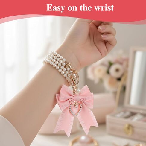 2Pcs Bow Keychain Charm Set (Beige + Pink),Bow Keychain Bag Charm, Pearl Bowknot Purse Charms for Women, Cute Handbag & Backpack Keychains for Car Keys, Handbag Accessories in Kuwait
