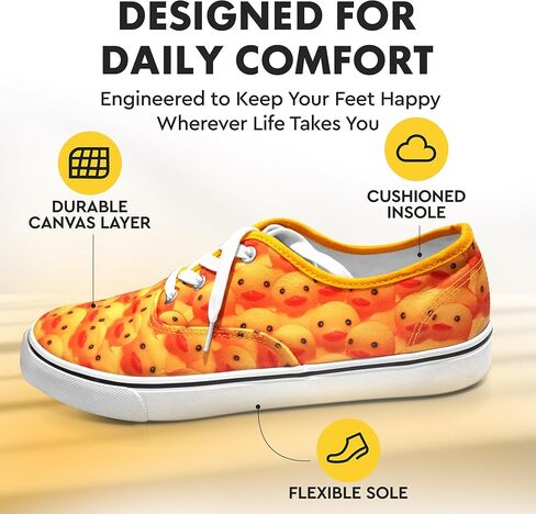 Funster Shoes Fashion Sneakers - Yellow Rubber Ducky Patterned Canvas Cool Shoes, Unisex Design, Fun Wear to Beach, BBQ, Vacation in Saudi Arabia