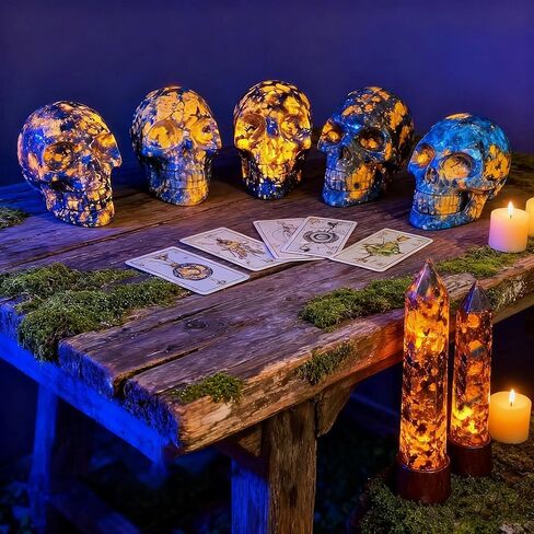 2-inch Yooperlite Skull - Natural Stone Carving, Home/Office Ornament, Halloween/Christmas Decoration, Gothic/Horror Style Decoration, 1pc, Flame-Like UV Effect in Saudi Arabia