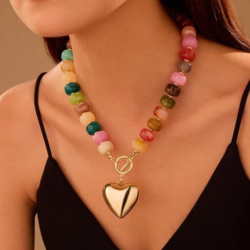 GZQ Chunky Gold Heart Necklace for Women, Acrylic Beaded Chain with Puff Heart Adjustable Clasp, Perfect for Daily Wear Party Date Streetwear Outfits Fashion Jewelry Gift in Saudi Arabia