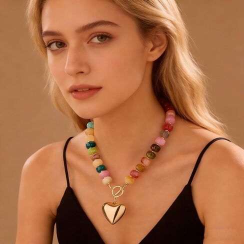 GZQ Chunky Gold Heart Necklace for Women, Acrylic Beaded Chain with Puff Heart Adjustable Clasp, Perfect for Daily Wear Party Date Streetwear Outfits Fashion Jewelry Gift in Saudi Arabia