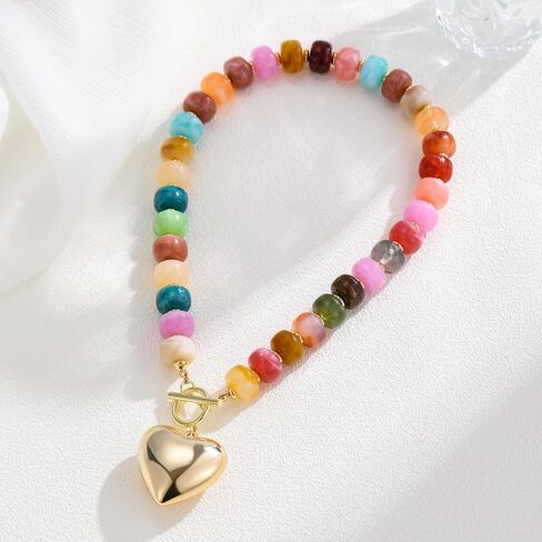 GZQ Chunky Gold Heart Necklace for Women, Acrylic Beaded Chain with Puff Heart Adjustable Clasp, Perfect for Daily Wear Party Date Streetwear Outfits Fashion Jewelry Gift in Saudi Arabia