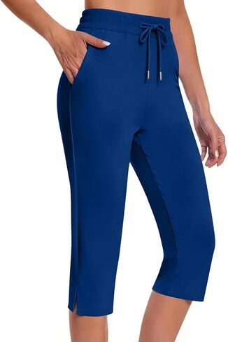Yoga Pants for Women Elastic Drawstring Capri Pants with Pockets Casual Straight Leg Side Split Trouser Sport Outfits in Kuwait