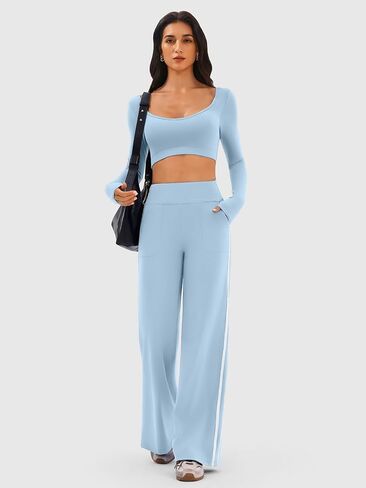 Track Pants Women–High Rise Loose Yoga Sweatpants with Pockets, Contrast Trim Trendy Wide Leg Pants for Gym Sport Street in Saudi Arabia