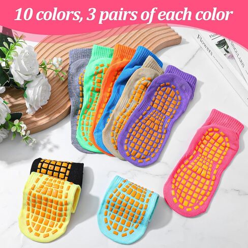 30 Pairs Non Slip Socks Non Skid Socks with Grips Colorful Non Slip Ankle Socks for Elderly Yoga Hospital Cushioned Sole Gripper for Men Women, 10 Colors in Kuwait