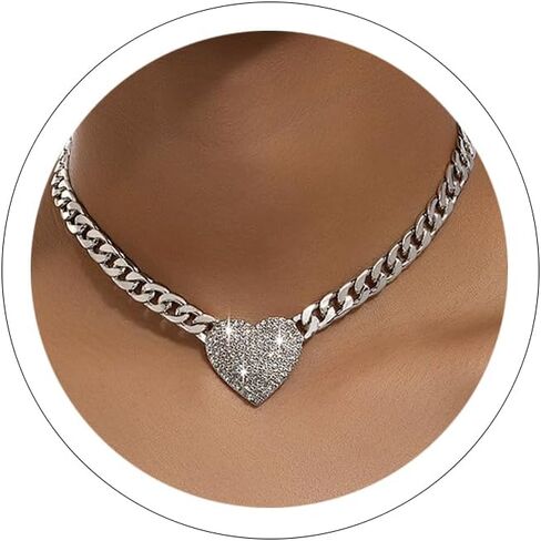 Sora Tuki Heart Necklaces for Women Silver Heart Choker Gold Heart Necklace Cuban Link Chain Gold Chunky Necklace CZ Heart Pendant Punk Statement Necklace Fashion in Kuwait