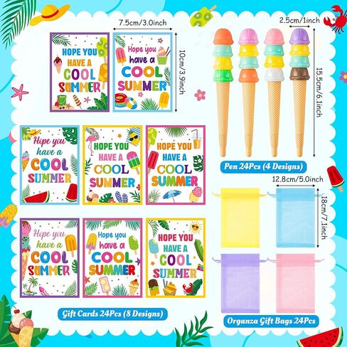Haooryx End of Year Gift for Kids - 24 Pack End of School Year Student Gifts Ice Cream Ballpoint Pen with Greeting Card Favor Bag for School Graduation Student Reward Teacher Supply Summer Party Favor in Saudi Arabia