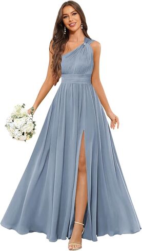 GUKARLEED Women’s Long One Shoulder Bridesmaid Dresses Wrap Ruffles Chiffon A-line Wedding Guest Dress Formal Dress with Slit in Kuwait