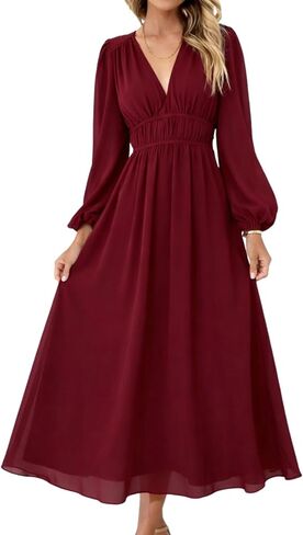LOZ Women's 2026 Spring Summer Maxi Dresses Long Sleeve V-Neck Puff Sleeve Long Dresses Elegant Wedding Guest Maxi Dress in Kuwait
