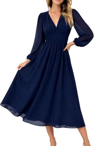 LOZ Women's 2026 Spring Summer Maxi Dresses Long Sleeve V-Neck Puff Sleeve Long Dresses Elegant Wedding Guest Maxi Dress in Kuwait
