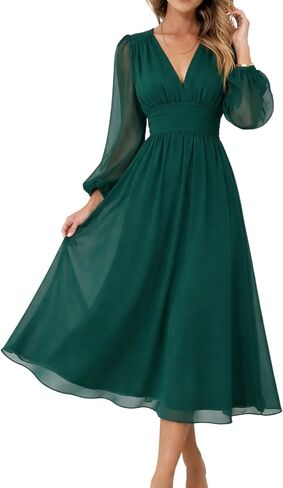 LOZ Women's 2026 Spring Summer Maxi Dresses Long Sleeve V-Neck Puff Sleeve Long Dresses Elegant Wedding Guest Maxi Dress in Kuwait